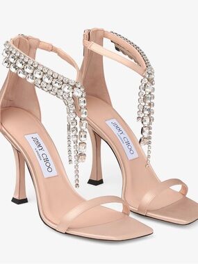 Jimmy Choo Nude Pink Satin Crystal-Fringe Stiletto Sandals